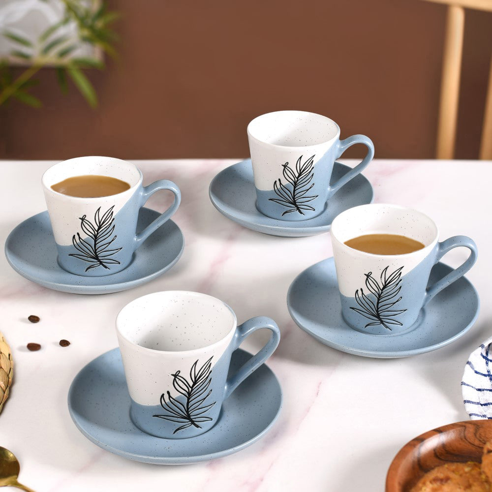 Serene Tropics Ceramic Tea Cup And Saucer Set Of 4 Blue 225ml
