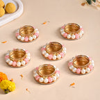 Faux Pearl Bordered Candle Holders With Pink Beads Set Of 6