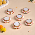 Faux Pearl Bordered Candle Holders With Pink Beads Set Of 6