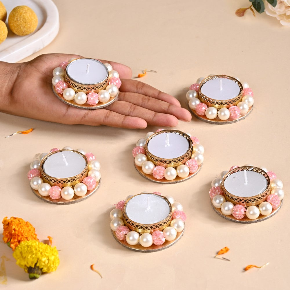 Faux Pearl Bordered Candle Holders With Pink Beads Set Of 6