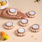 Faux Pearl Bordered Candle Holders With Pink Beads Set Of 6