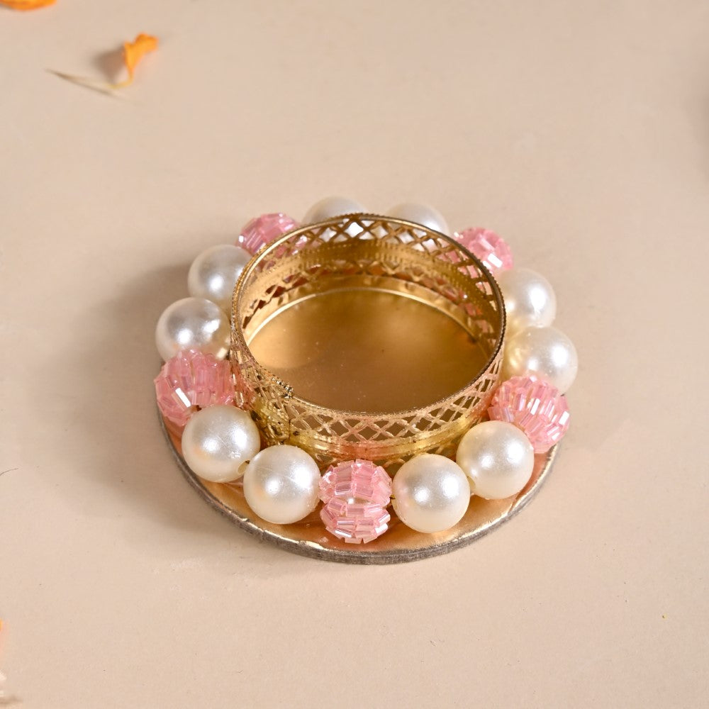 Faux Pearl Bordered Candle Holders With Pink Beads Set Of 6