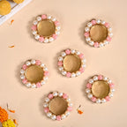 Faux Pearl Bordered Candle Holders With Pink Beads Set Of 6