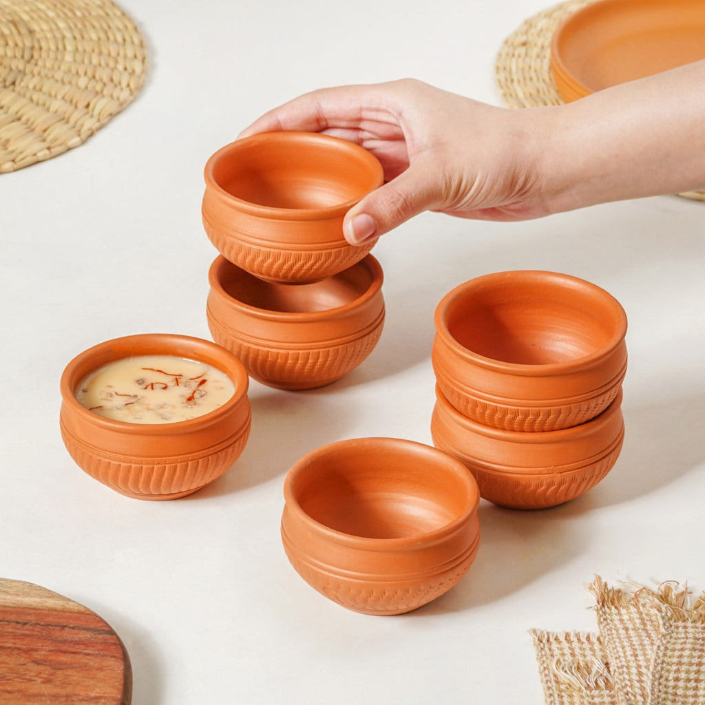Artisanal Engraved Terracotta Bowls Set Of 6 170ml