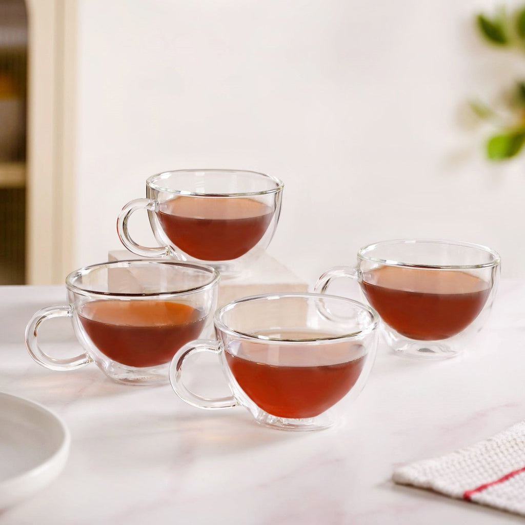 Cafe Style Glass Double Wall Tea Coffee Cup Set Of 4 190ml