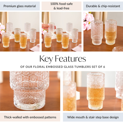 Floral Embossed Tall Glass Tumblers Set Of 6 330ml