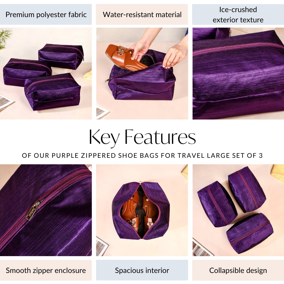 Purple Zippered Shoe Bags For Travel Large Set Of 3