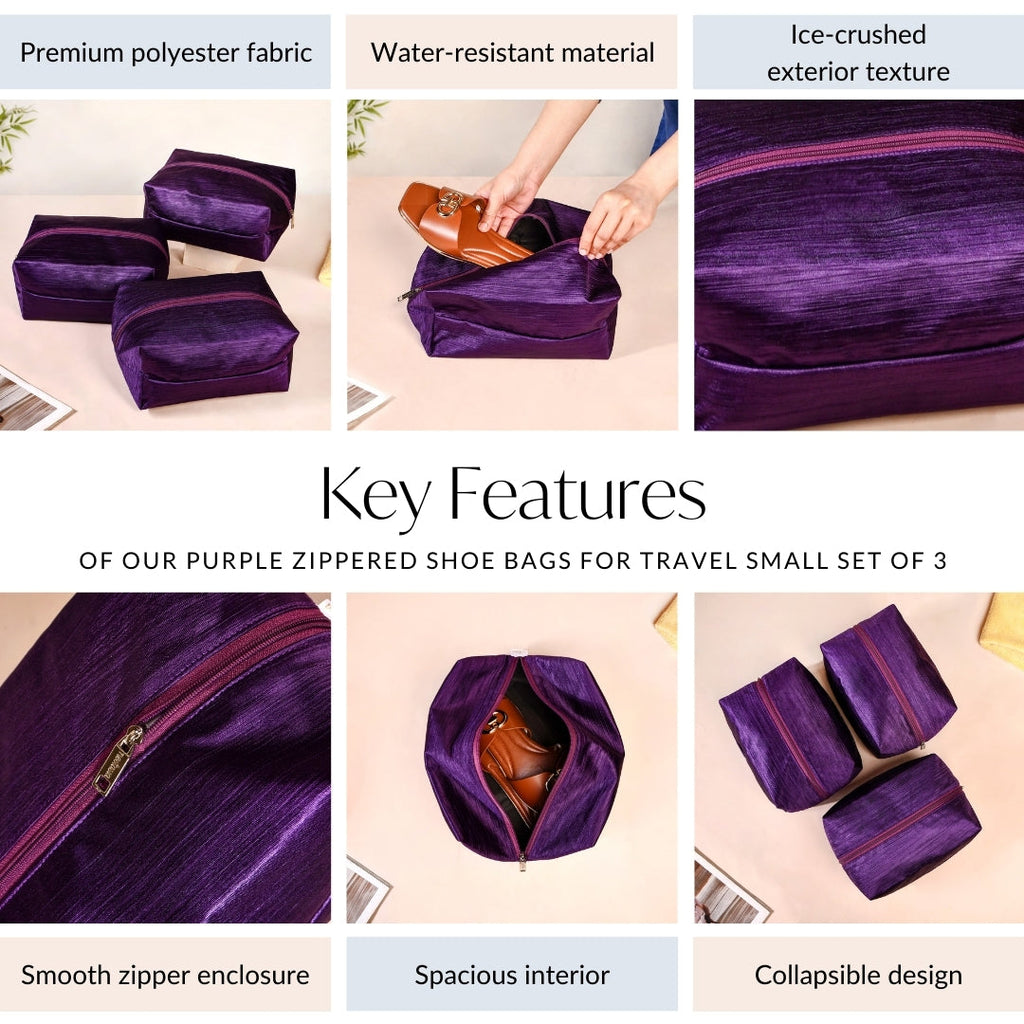Purple Zippered Travel Shoe Bags Small Set Of 3