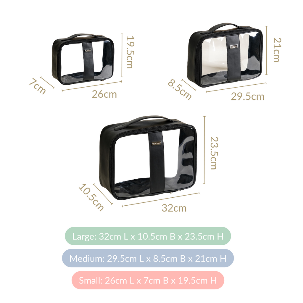 Black Vegan Leather Transparent Travel Kit Set Of 3