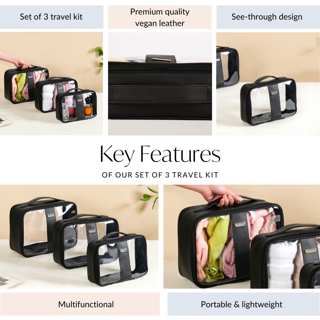 Black Vegan Leather Transparent Travel Kit Set Of 3