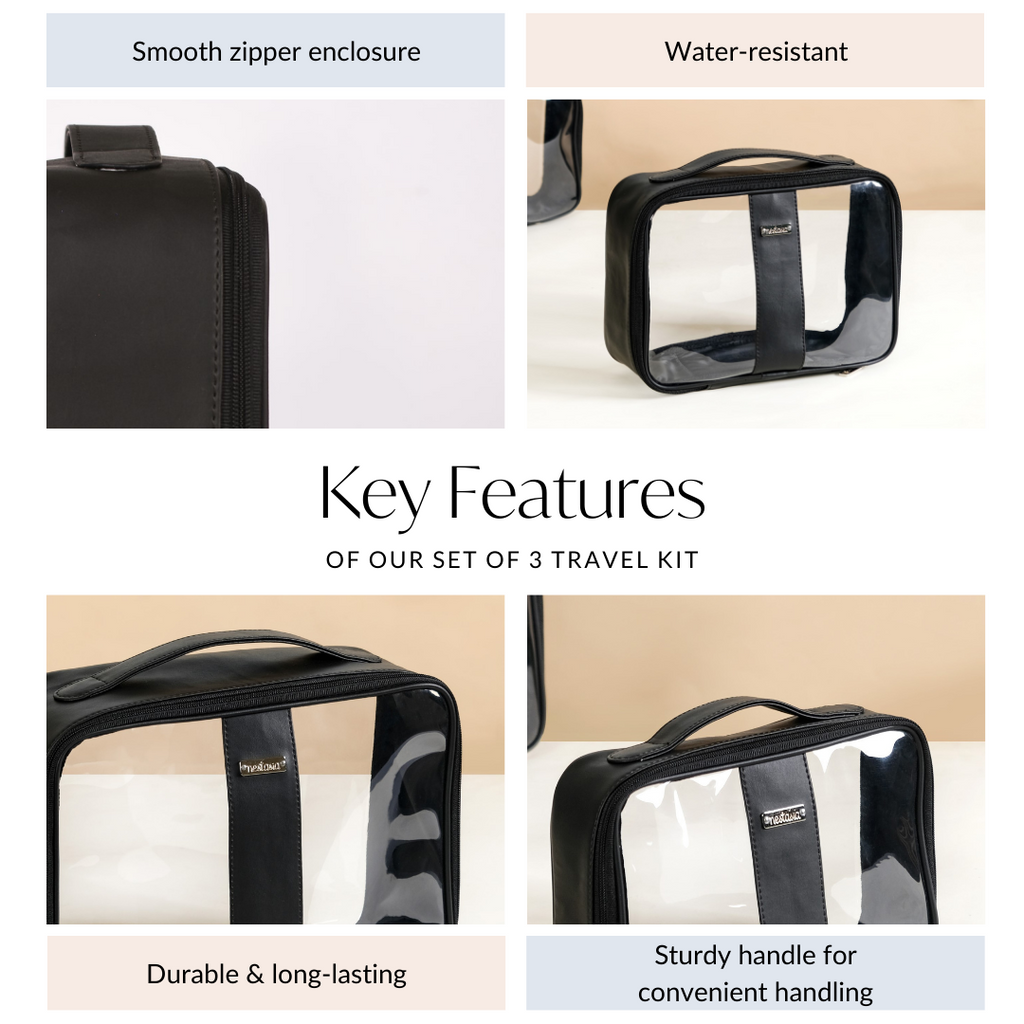 Black Vegan Leather Transparent Travel Kit Set Of 3