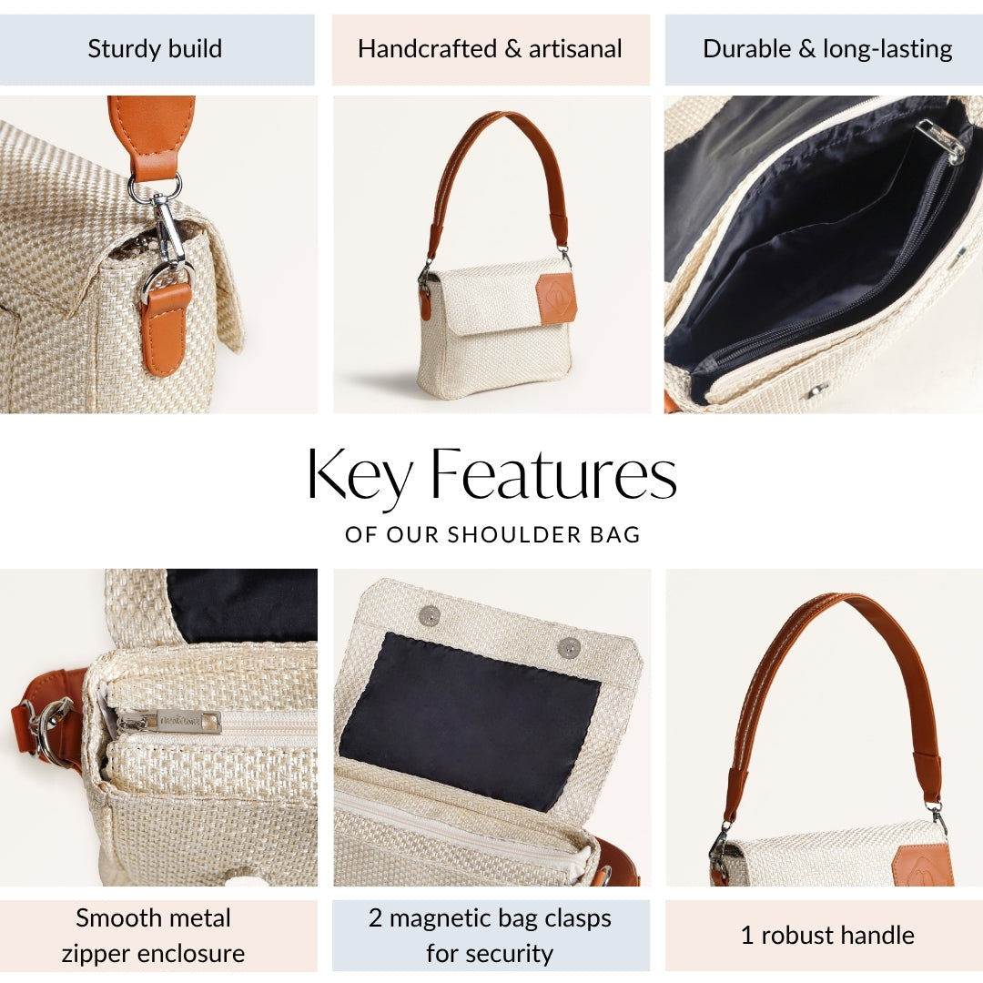 Beige And Tan Vegan Leather Shoulder Bag