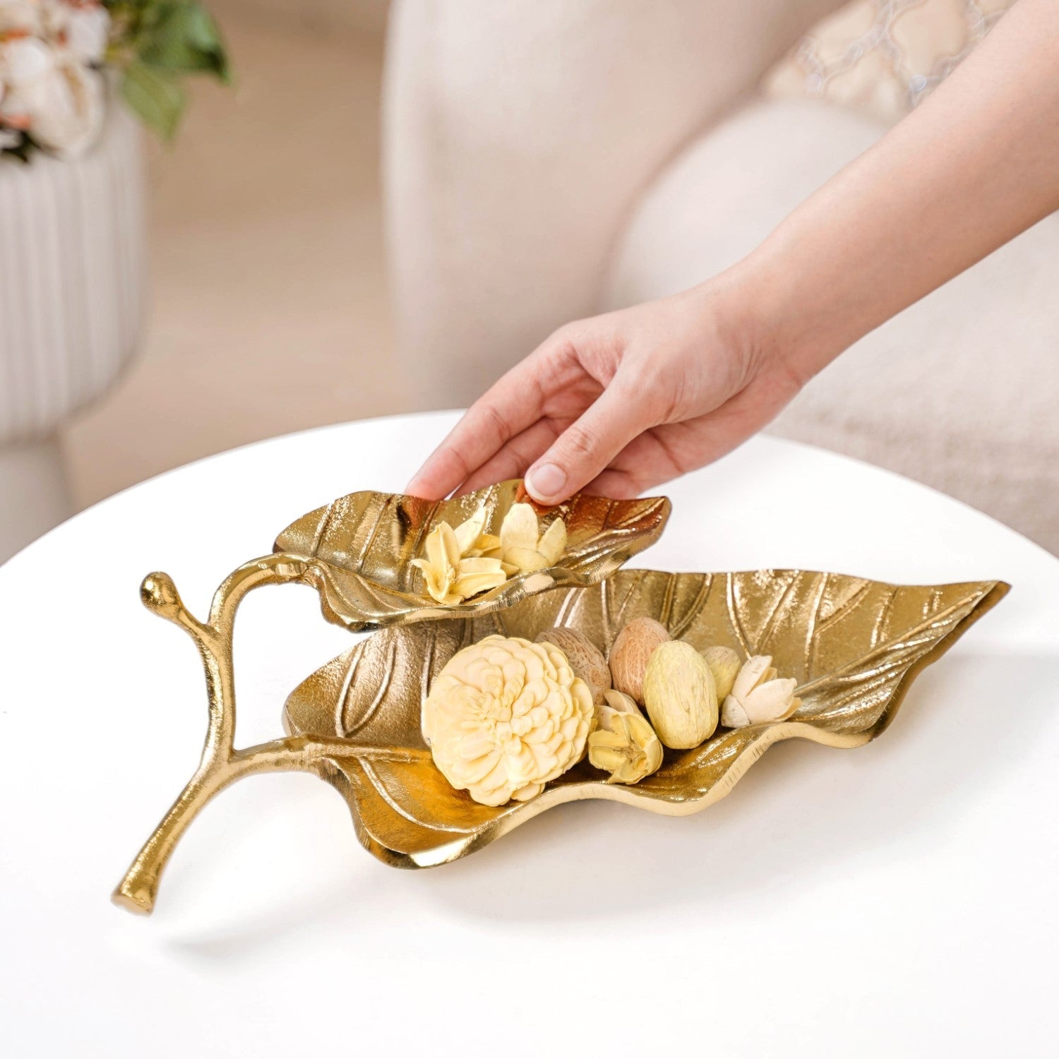 Double Layer Mango Leaf Metal Tray Gold