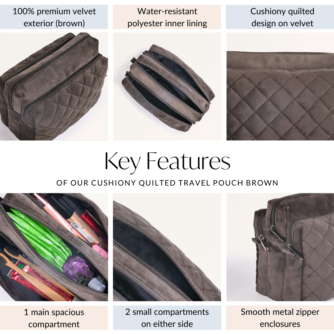 Cushiony Quilted Travel Pouch Brown