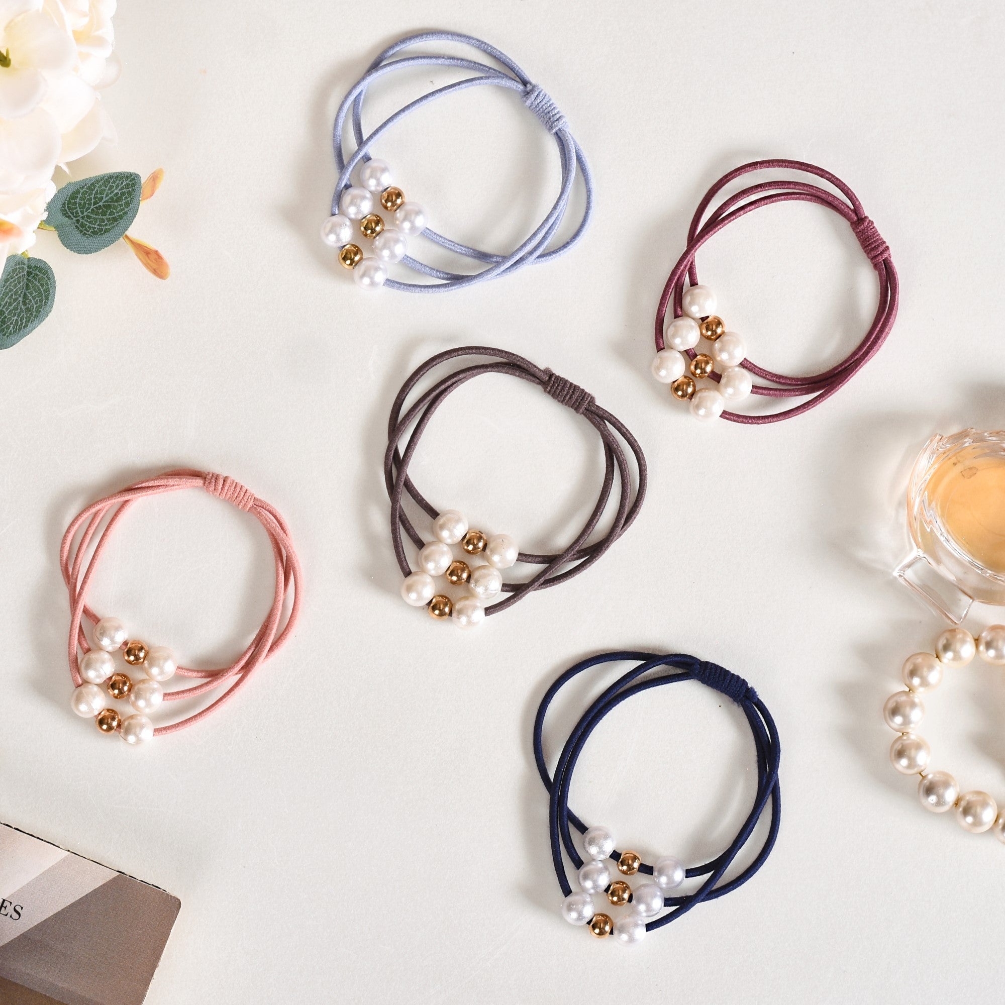 Knotted Faux Pearl Scrunchie Set Of 5