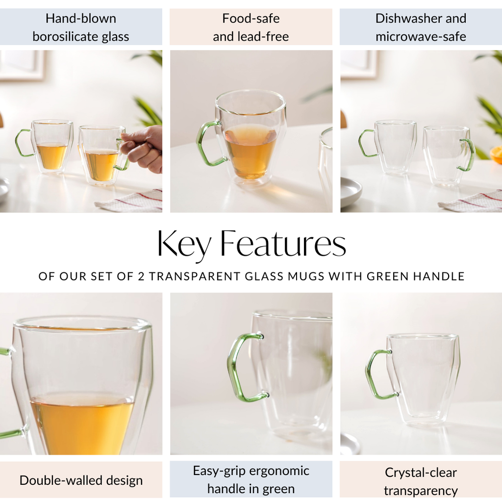 Set Of 2 Double Wall Glass Mugs With Green Handle 250ml
