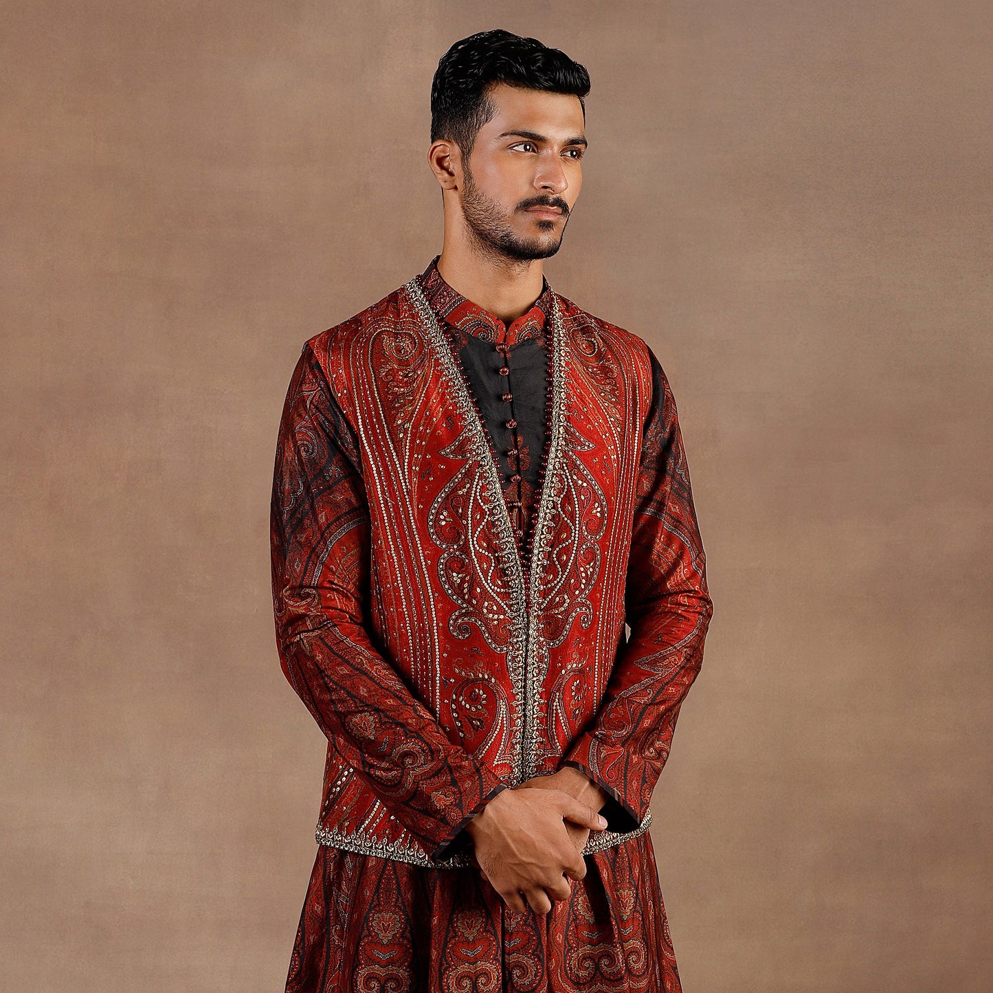Vintage Red Jamawar Nehru Jacket Set | EAST