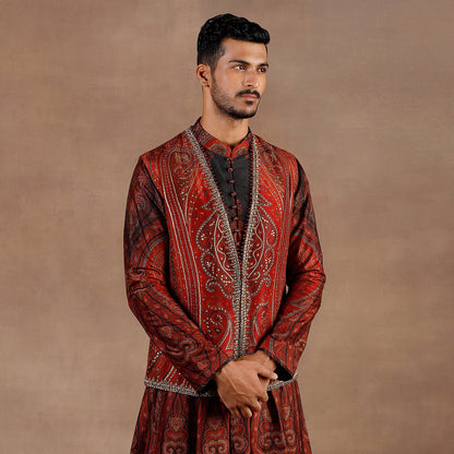 Vintage Red Jamawar Nehru Jacket Set | EAST