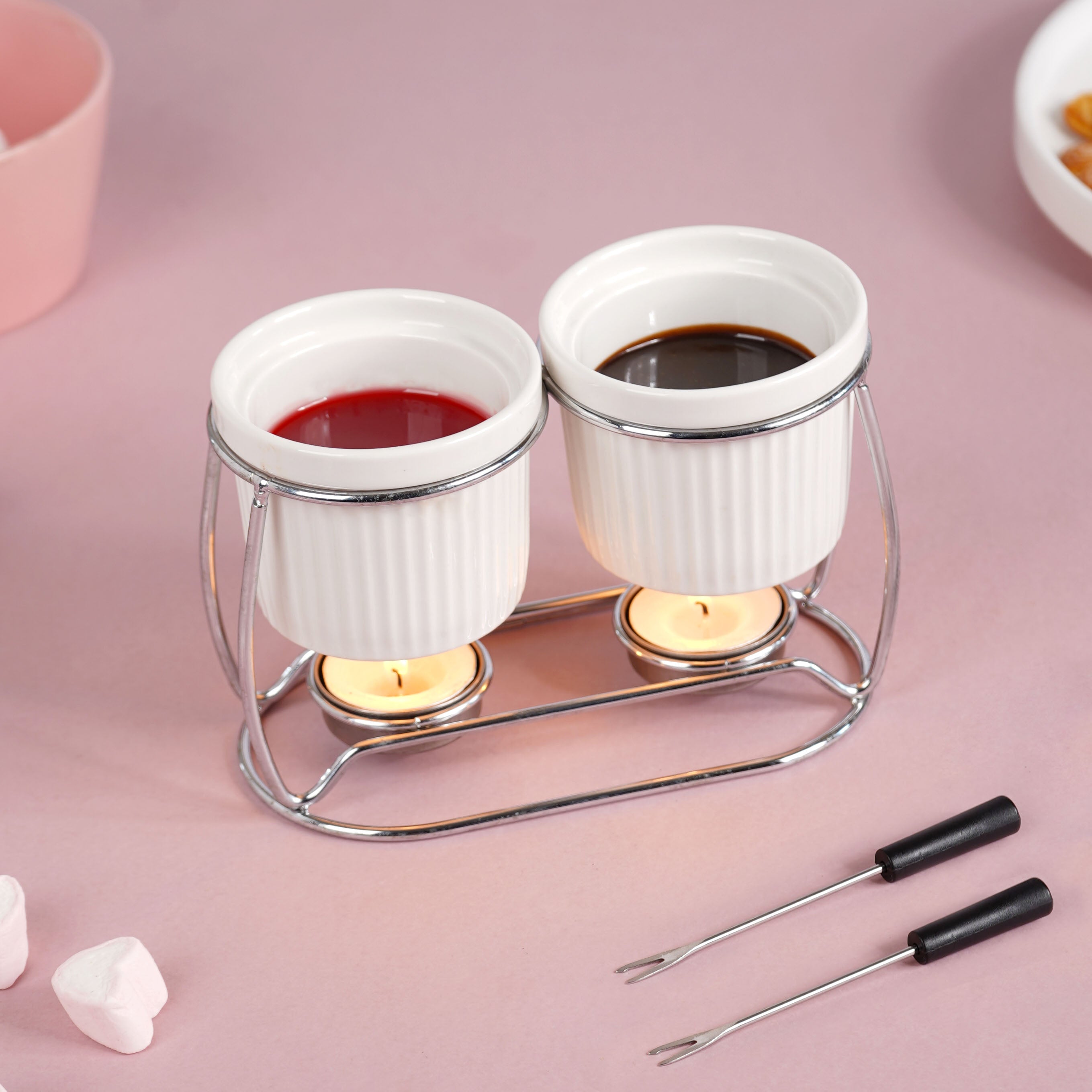 Double Bowl Ceramic Fondue Set
