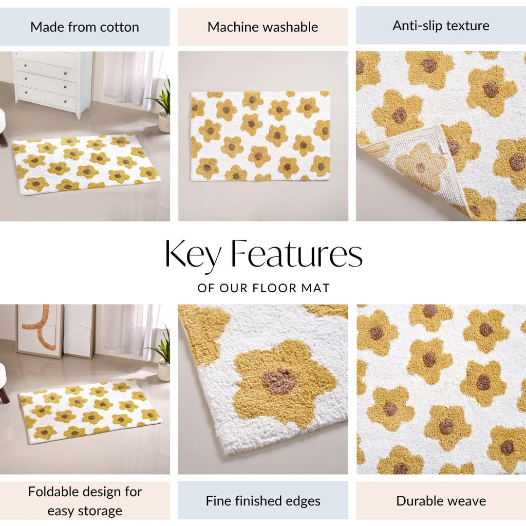 Anti Slip Cotton Yellow Daisy Mat 83x53cm