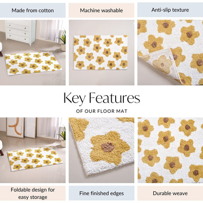 Anti Slip Cotton Yellow Daisy Mat 83x53cm