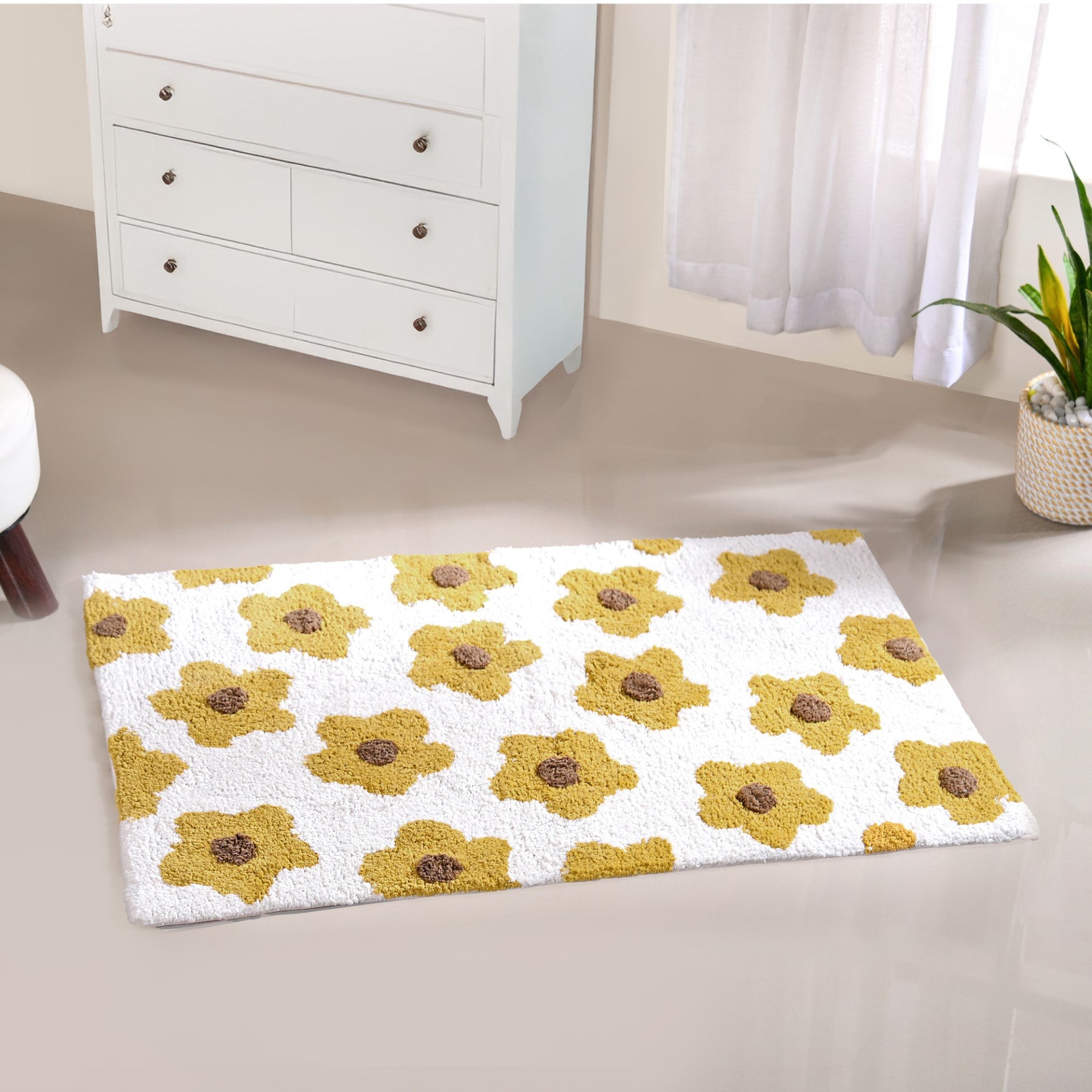 Anti Slip Cotton Yellow Daisy Mat 83x53cm