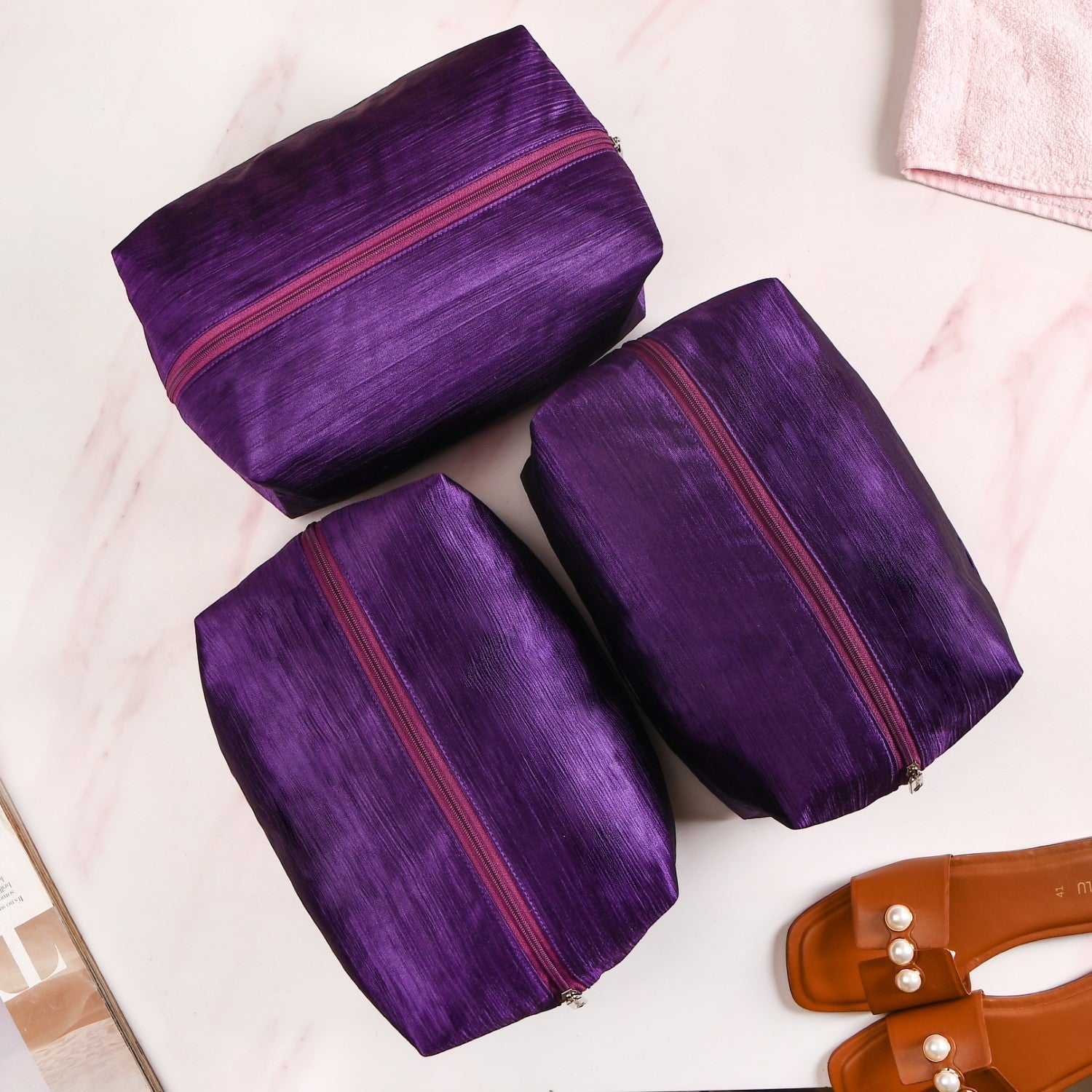 Purple Zippered Shoe Bags For Travel Large Set Of 3